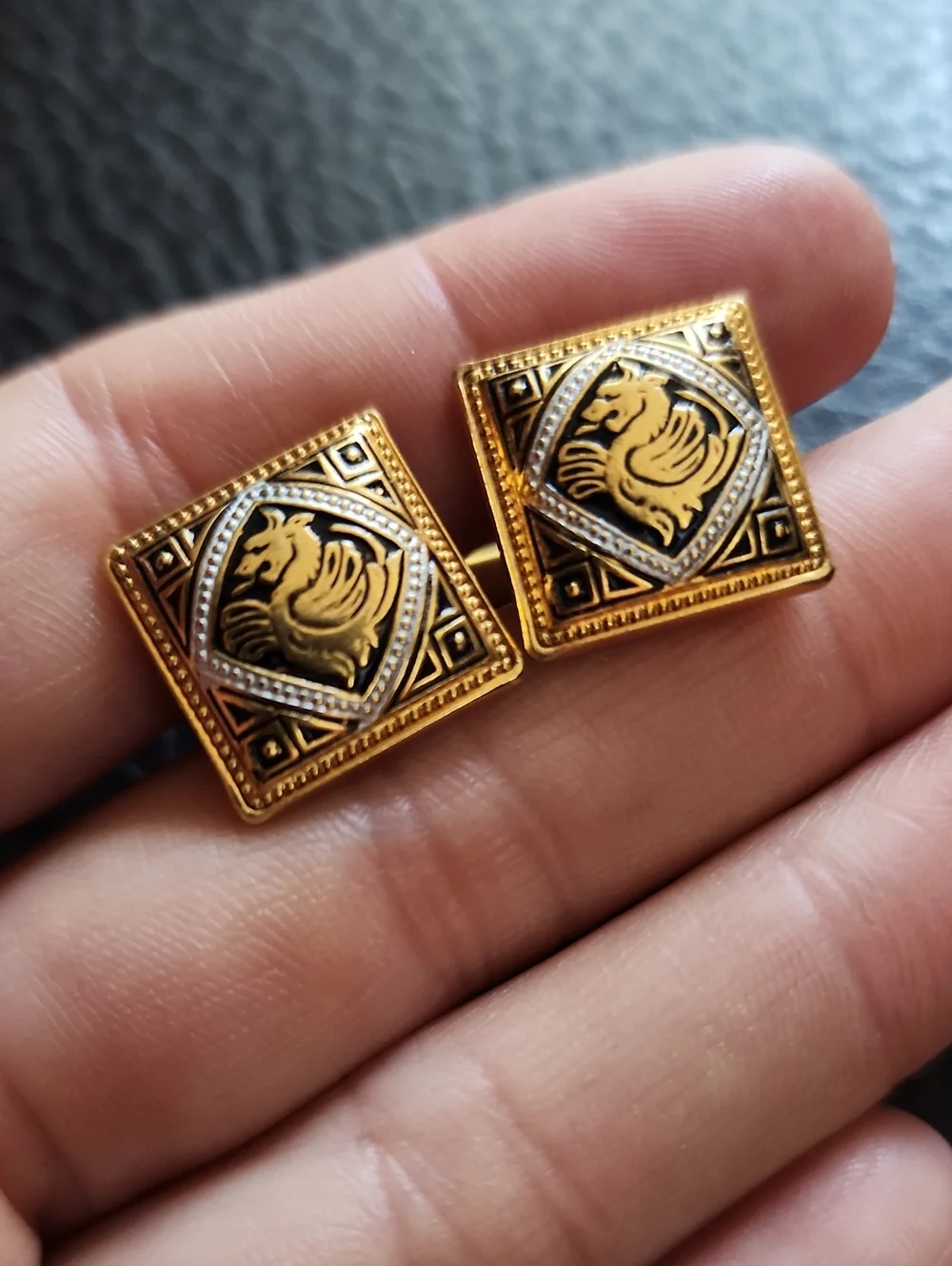 VTG Damascene Gold Tone Square Griffin Motif Cufflinks